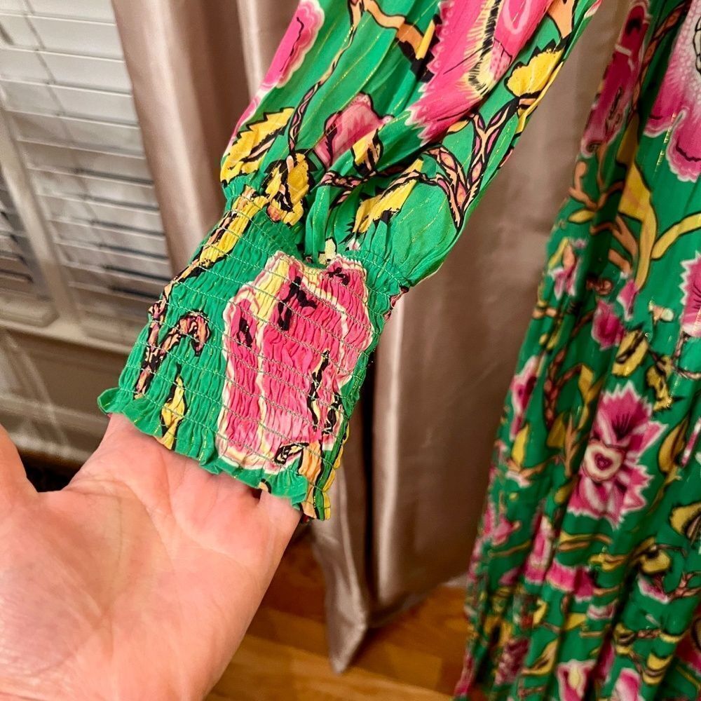 $345 Love the Label Tessa Green Pink Yellow Floral Tiered Maxi Dress Size SMALL - Picture 5 of 8